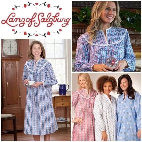 Lanz of Salzburg Sz S Nightgown Classic Blue Tyrolean Stripe Flannel NWOT